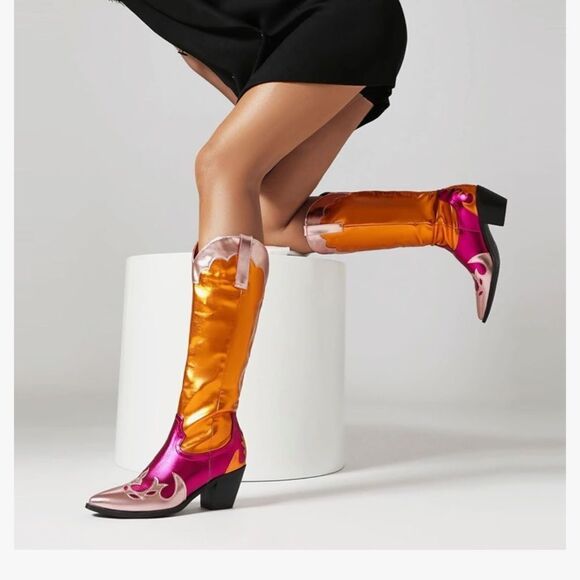 Electric multi color Metallic Matte Western Knee High Cowgirl Boots - Picture 1 of 7